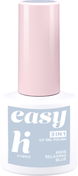 Hi Hybrid Easy 3w1 lakier hybrydowy #606 Relaxing Blue, pastelowy błękit, w białej butelce z różową zakrętką.