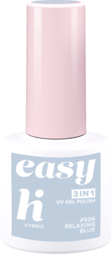 Hi Hybrid Easy 3w1 lakier hybrydowy #606 Relaxing Blue, pastelowy błękit, w białej butelce z różową zakrętką.