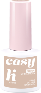 Lakier hybrydowy Hi Hybrid Easy 3w1 #608 Salted Caramel. Beżowa butelka z różowym korkiem, widok przodem.