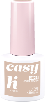 Lakier hybrydowy Hi Hybrid Easy 3w1 #608 Salted Caramel. Beżowa butelka z różowym korkiem, widok przodem.