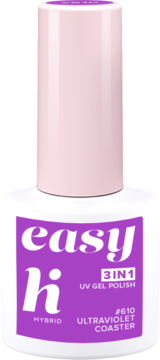 Lakier hybrydowy Hi Hybrid Easy 3in1 #610 Ultraviolet Coaster, neonowy fiolet, butelka z różową nakrętką, widok z przodu.