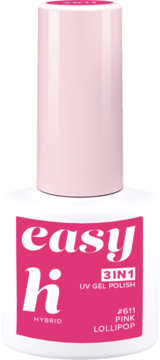 Hi Hybrid Easy 3in1 Pink Lollipop lakier hybrydowy, biała butelka z różową etykietą, widok z przodu.