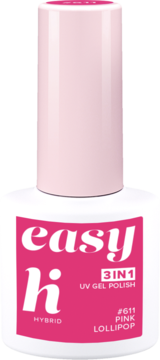 Hi Hybrid Easy 3in1 Pink Lollipop lakier hybrydowy, biała butelka z różową etykietą, widok z przodu.