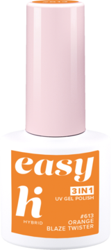 Neonowy lakier hybrydowy Hi Hybrid Easy 3in1 Orange Blaze Twister, biała butelka z pomarańczową etykietą, widok z przodu.