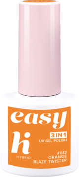 Neonowy lakier hybrydowy Hi Hybrid Easy 3in1 Orange Blaze Twister, biała butelka z pomarańczową etykietą, widok z przodu.