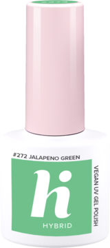 Zielony lakier hybrydowy Hi Hybrid #272 Jalapeno Green w białej butelce z różową nakrętką, widok z przodu.