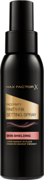 Max Factor Facefinity-Fix Setting Spray, czarna butelka z atomizerem, złoto-różowa etykieta Skin-Shielding.