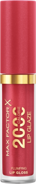 Max Factor 2000 Calorie Plumping Lip Gloss, czerwonawy odcień, w przezroczystej tubce z złotym paskiem, przód.