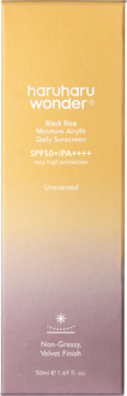 Haruharu wonder Black Rice Daily Sunscreen box, SPF50+/PA++++, unscented, non-greasy, gold to purple gradient.