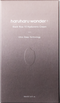 haruharu wonder Black Rice 10 Hyaluronic Cream w ciemnoszarym, metalicznym pudełku, widok z przodu.
