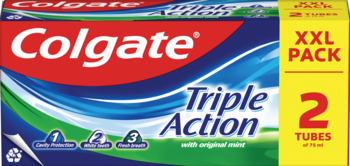 Colgate Triple Action pasta do zębów, XXL Pack, 2 tubki. Niebieskie opakowanie z czerwoną etykietą, widok z przodu.