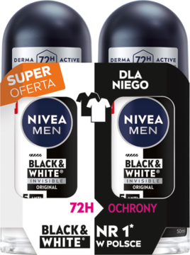 Dwupak NIVEA MEN Black&White Invisible Original roll-on 72h, czarne z napisami, na białym tle.
