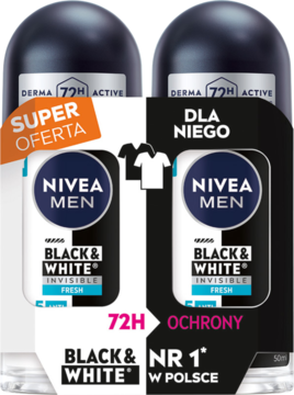 Dwupak NIVEA MEN Antyperspirant Black&White Invisible Fresh 72h roll-on, czarno-białe butelki, widok z przodu.