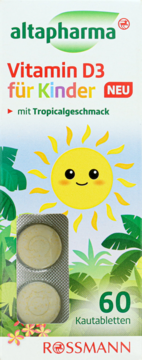 Białe opakowanie Altapharma Vitamin D3 dla dzieci, tropikalny smak, słońce, 60 tabletek do żucia, widok z przodu.