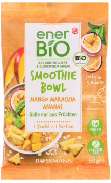 EnerBIO Smoothie Bowl Mango Marakuja Ananas, pomarańczowa saszetka z napisami i obrazkami owoców.