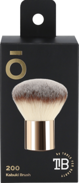 Kashōki Kabuki Brush 200 w czarnym pudełku. Pędzel do makijażu z biało-brązowym włosiem i złotą skuwką.