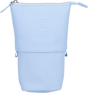 Jasnoniebieskie, wegańskie etui na pędzle Ilū Basic, z ziarnistą fakturą, stojące pionowo.