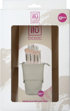 Zestaw 12 wegańskich pędzli do makijażu ilū Basic z różowymi rączkami, w beżowym etui, widok z przodu opakowania.