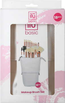 Zestaw 18 pędzli Ilū Basic w pudełku, widok z przodu. Pędzle mają białe rączki i różowe złote skuwki.
