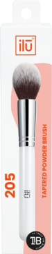 Ilū 205 tapered powder brush in white packaging, front view. White handle, silver ferrule, ombre bristles.