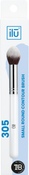 Pędzel do makijażu Ilū 305 Small Round Contour Brush, biało-srebrny, w przezroczystym opakowaniu.