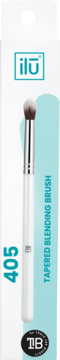 Pędzel Ilū 405 Tapered Blending Brush z białym, drewnianym uchwytem w biało-niebieskim opakowaniu.