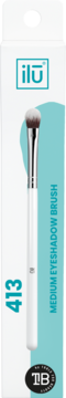 ilū 413 Medium Eyeshadow Brush in white and turquoise package, showing brush with white handle and silver ferrule.