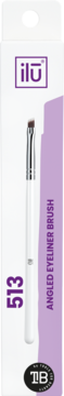 Białe opakowanie z fioletowym akcentem ilu 513 Angled Eyeliner Brush, widok z przodu, z wegańskim pędzelkiem.