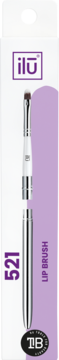 ilū Lip Brush 521, synthetic, white packaging with purple stripe. Silver and white brush shown separated, front view.