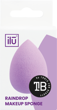 Fioletowa gąbka Ilū Raindrop Makeup Sponge na białym opakowaniu, widok z przodu.