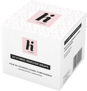 Białe pudełko Hi Hybrid UV Hybrid Remover Wraps do usuwania lakieru hybrydowego, widok z góry i przodu.