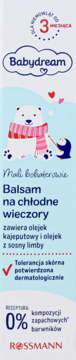 Babydream Balsam na chłodne wieczory dla niemowląt od 3 miesiąca, 0% zapachowych, niebieskie opakowanie z misiem.