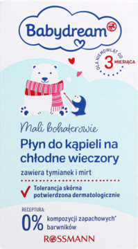 Białe opakowanie Babydream płynu do kąpieli z misiem polarnym, pingwinem, tymiankiem i mirtem, od 3 m-cy.