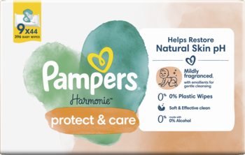 Pampers Harmonie Protect&Care, 9-pak chusteczek nawilżanych bez alkoholu, 0% plastiku. Biało-zielone opakowanie.