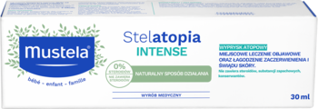 Mustela Stelatopia Intense, białe opakowanie kremu na atopowe zapalenie skóry, 30 ml, widok z przodu.