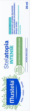 Krem Mustela Stelatopia INTENSE na AZS, 30 ml, białe opakowanie z niebieskim logo i zielonymi liśćmi.