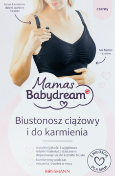 Mamas Babydream: czarny biustonosz ciążowy i do karmienia na modelu, z klipsem, bez fiszbin i szwów.