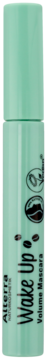 Alterra Wake Up Volume Mascara w jasnozielonej tubce, z czarnymi napisami i symbolami kawy, pionowy widok.