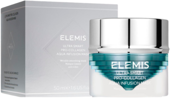 Elemis Ultra Smart Pro-Collagen, chłodząca maseczka przeciwzmarszczkowa w srebrnym słoiczku z turkusowym żelem, z pudełkiem.