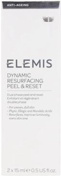 Białe pudełko Elemis Dynamic Resurfacing Peel & Reset, z szarym napisem ANTI-AGEING na górze, widok z przodu.
