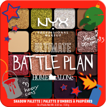 NYX Ultimate Battle Plan Home Alone, paleta 16 cieni, błyszczące i matowe odcienie w świątecznym opakowaniu.