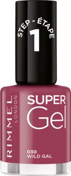 Rimmel Super Gel lakier 030 WILD GAL, ciemnoróżowy, widok z przodu, z napisem STEP 1 na zakrętce.