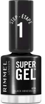Rimmel Super Gel lakier żelowy 070 Black Obsession, czarna butelka, widok z przodu z napisem STEP 1.