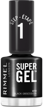 Rimmel Super Gel lakier żelowy 070 Black Obsession, czarna butelka, widok z przodu z napisem STEP 1.