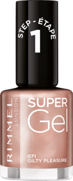 Rimmel Super Gel lakier do paznokci w odcieniu 071 Gilty Pleasure, nude. Pionowa buteleczka z numerem '1'.