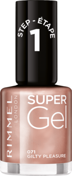 Rimmel Super Gel lakier do paznokci w odcieniu 071 Gilty Pleasure, nude. Pionowa buteleczka z numerem '1'.