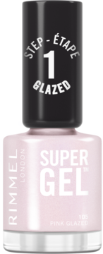 Różowy lakier Rimmel Super Gel 105 Pink Glazed, butelka z czarną nakrętką „STEP 1 GLAZED”, widok z przodu.