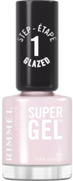 Różowy lakier Rimmel Super Gel 105 Pink Glazed, butelka z czarną nakrętką „STEP 1 GLAZED”, widok z przodu.