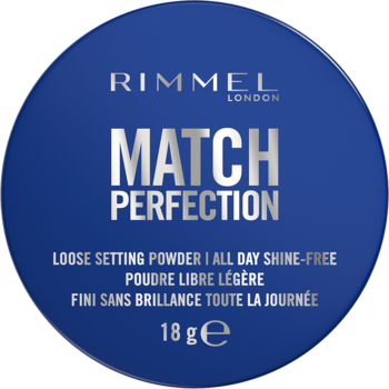 Rimmel Match Perfection transparentny puder sypki w okrągłym, granatowym opakowaniu, widok z góry.