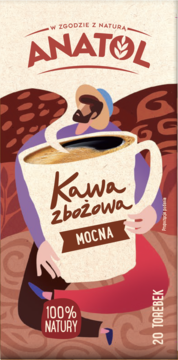 Opakowanie kawy zbożowej Anatol mocna. Na tle ilustracji osoby z kubkiem kawy, napisy: 100% NATURY, 20 TOREBEK.
